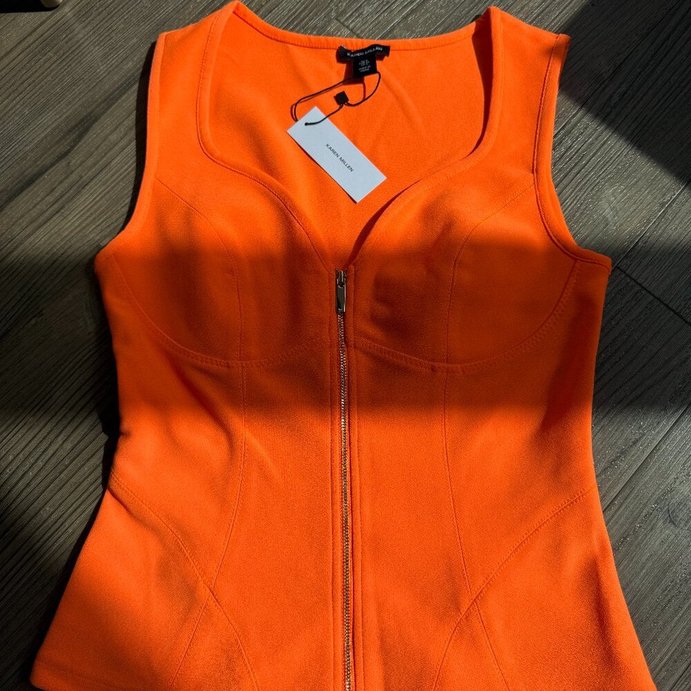 KAREN MILLEN - FLURO ORANGE GOLD ZIP HEART NECKLINE SUMMER TOP - US 4 / SMALL